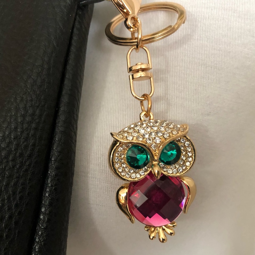 New Gold Owl Keychain Purse Charm with Pink Crystal and Green Eyes